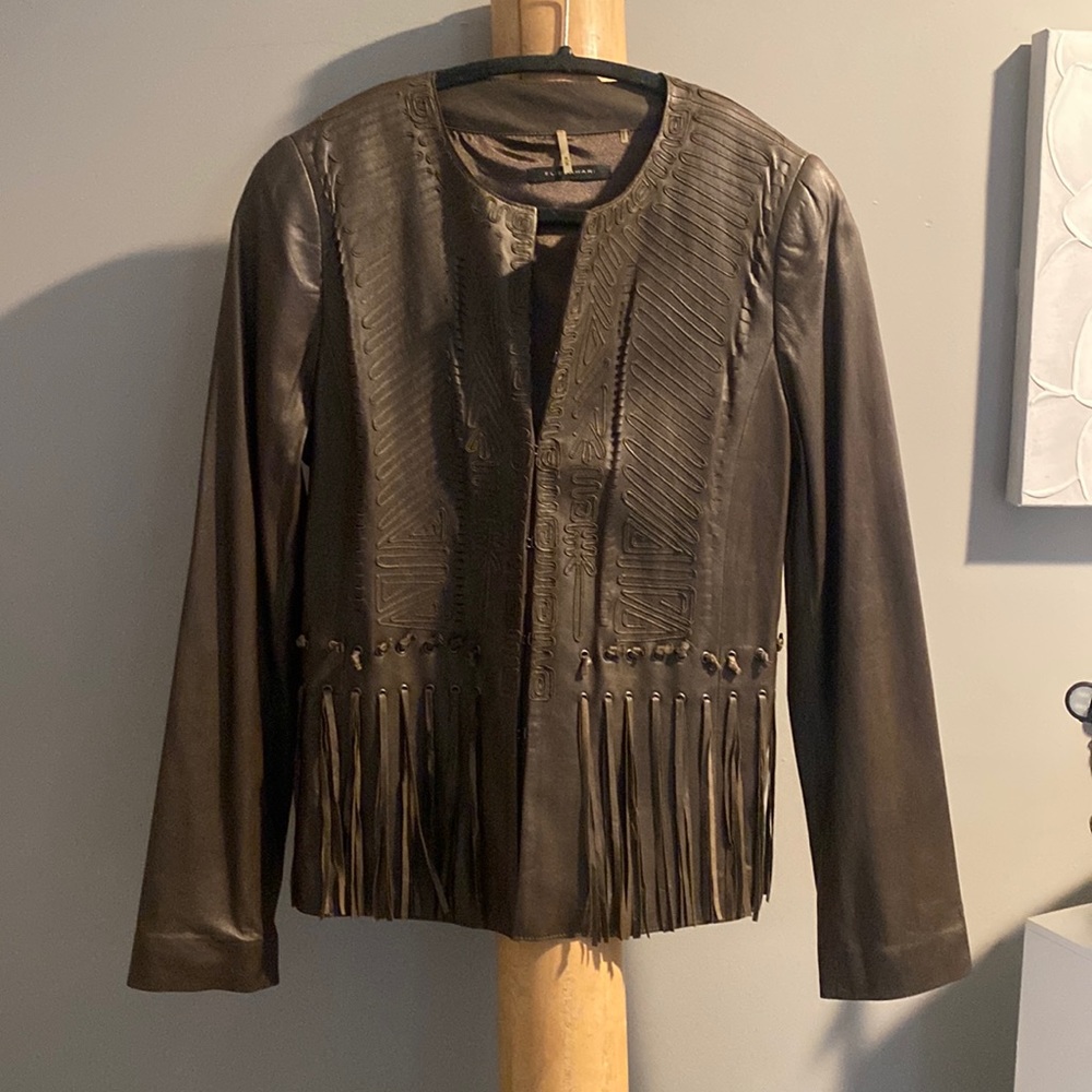 Elie Tahari leather jacket with exquisite details and fringe. Dark  taupe